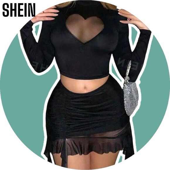 SHEIN Tops - SHEIN Sweetina Y2k Black Mock Neck Heart Mesh Insert Club Crop Tee